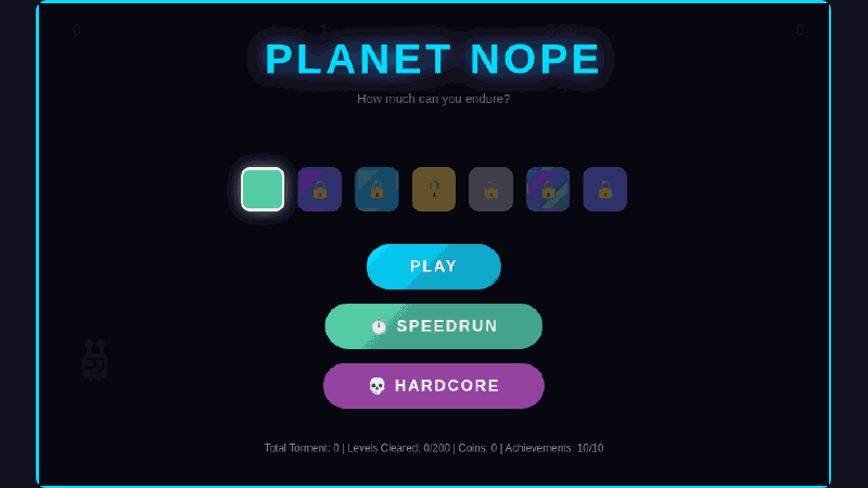 Planet Nope gameplay: Pootal runs across a floor that spawns a bed of spikes, dies, and the game taunts him.